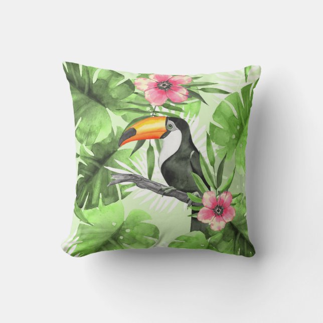 Tropical pattern with toucan throw pillow (Front)