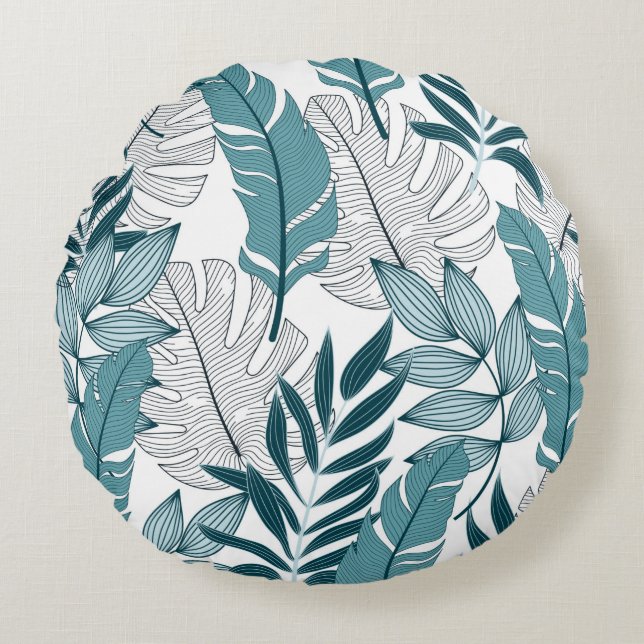Tropical pattern with trendy plants and leaves on  round pillow (Front)