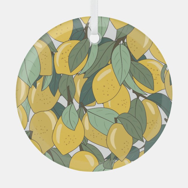 Tropical Pattern with Yellow Lemons. Glass Ornament (Front)