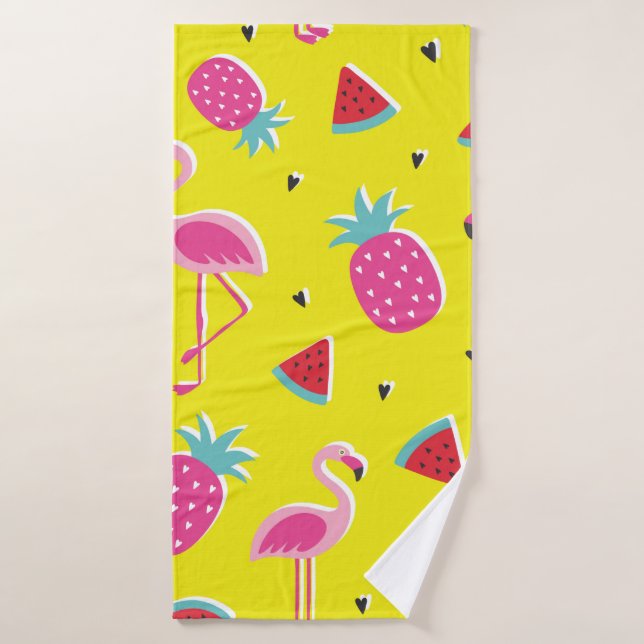  tropical patternwith pink pineapple, flamingos, w bath towel (Bath Towel)