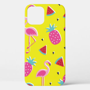 tropical patternwith pink pineapple, flamingos, w iPhone 12 case