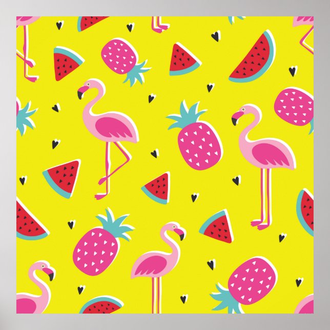  tropical patternwith pink pineapple, flamingos, w poster (Front)