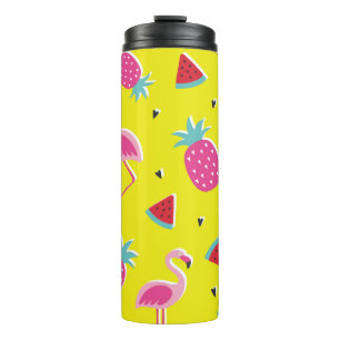 tropical patternwith pink pineapple, flamingos, w thermal tumbler
