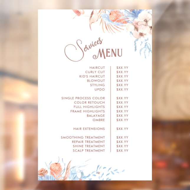 Tropical Peach and Blue Services Menu Window Cling (Sheet 2)