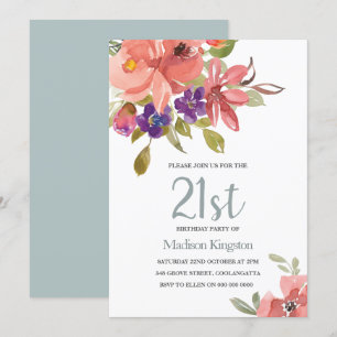Tropical Peach Flowers 21st Birthday Party Invite