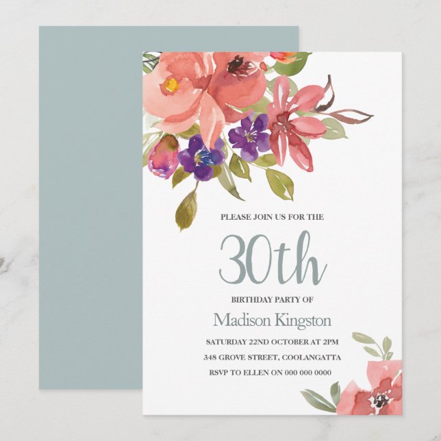 Tropical Peach Flowers 30th Birthday Party Invite (Front/Back)