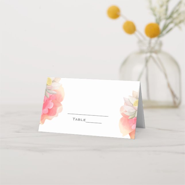 Tropical Peach Flowers Floral Wedding Place Card (Front)
