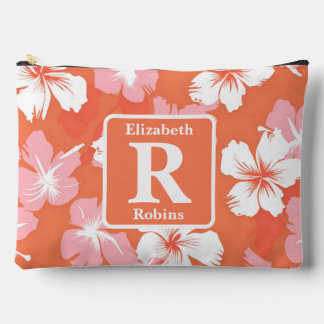 Tropical peach hibiscus personalized Monogram  Accessory Pouch