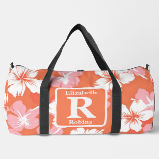 Tropical peach hibiscus personalized Monogram  Duffle Bag