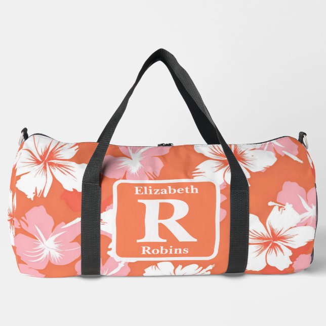 Tropical peach hibiscus personalized Monogram  Duffle Bag (Front)