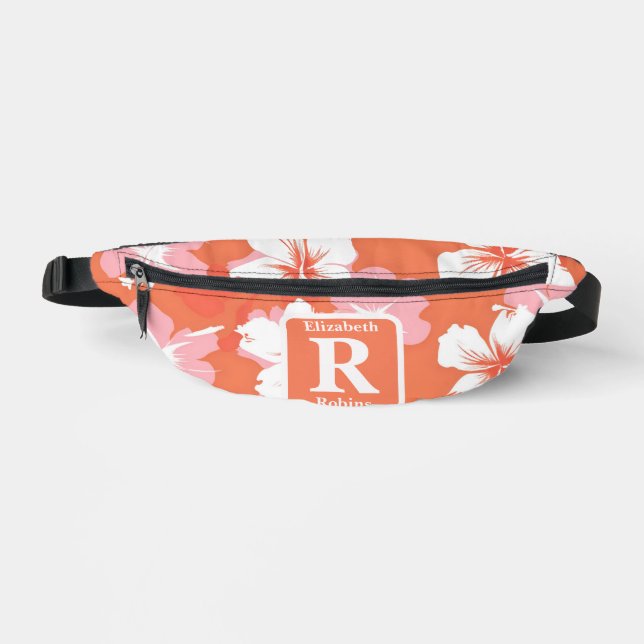 Tropical peach hibiscus personalized Monogram  Fanny Pack (Front)