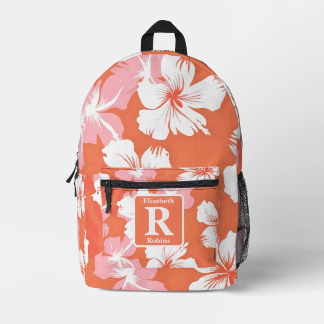 Tropical peach hibiscus personalized Monogram  Printed Backpack (Front)