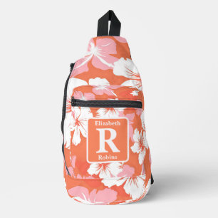 Tropical peach hibiscus personalized Monogram  Sling Bag