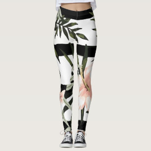 Tropical Peach Hibiscus Plumeria Floral Leggings