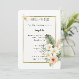 Tropical Peach White Floral Dragonfly Birthday Invitation