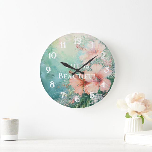 Tropical Peach White Hibiscus Floral Large Clock (Home)