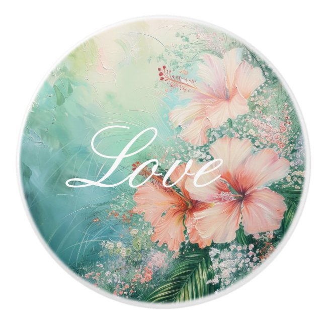 Tropical Peach White Hibiscus Floral Love  Ceramic Knob (Front)