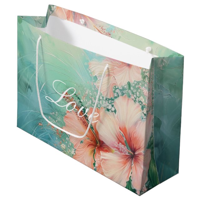 Tropical Peach White Hibiscus Floral Love Large Gift Bag (Front Angled)