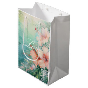 Tropical Peach White Hibiscus Floral Love  Medium Gift Bag