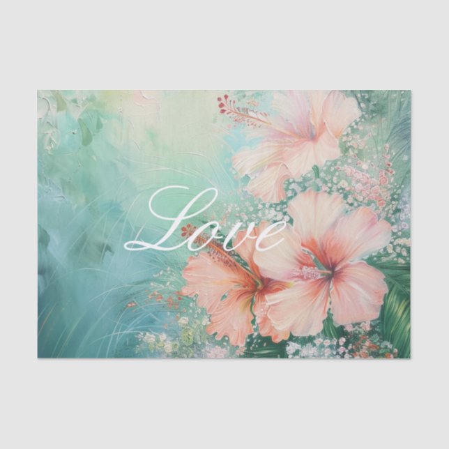 Tropical Peach White Hibiscus Floral Love  Tissue Paper (Front)