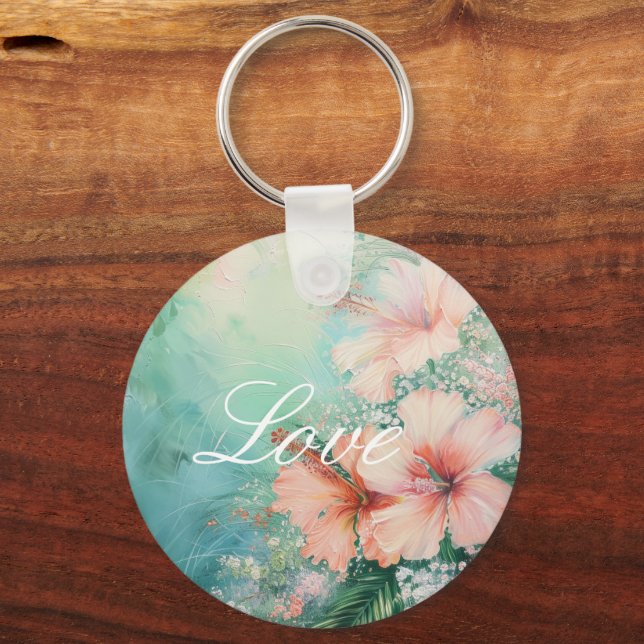 Tropical Peach White Hibiscus Floral Love Wedding Keychain (Front)