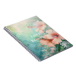 Tropical Peach White Hibiscus Floral Notebook