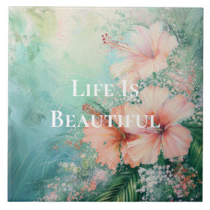 Tropical Peach White Hibiscus Floral Tile