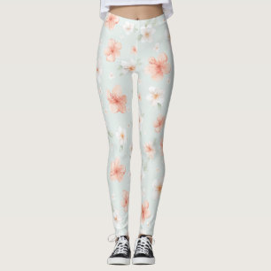 Tropical Peach White Hibiscus Flowers Leggings