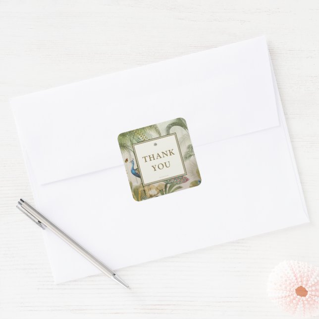 Tropical Peacock Palm Thank You Wedding Square Sticker (Envelope)