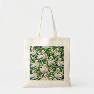 Tropical Pelican and Green Leaf Pattern Tote Bag