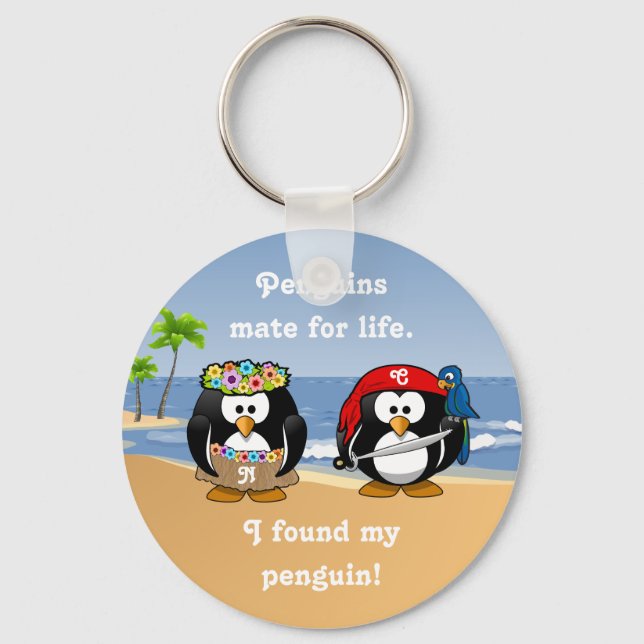Tropical Penguins Couple Hula Pirate Island Beach Keychain (Front)