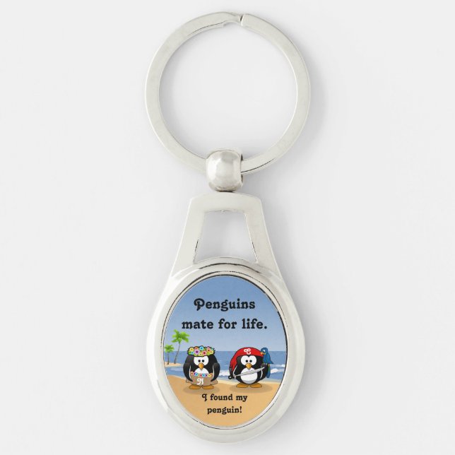 Tropical Penguins Couple Hula Pirate Island Beach Keychain (Front)