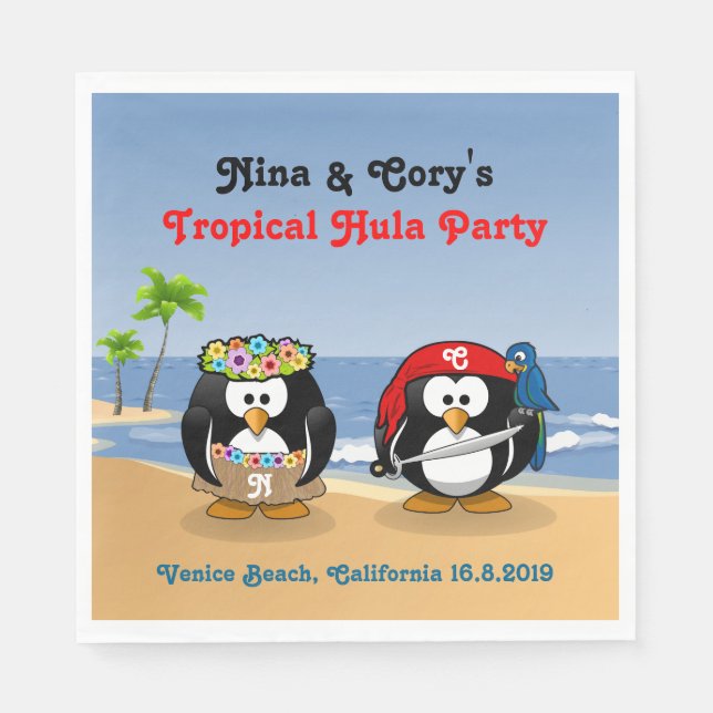 Tropical Penguins Couple Hula Pirate Island Beach Napkin (Front)