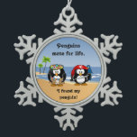 Tropical Penguins Couple Hula Pirate Island Beach Snowflake Pewter Christmas Ornament<br><div class="desc">For the tropical island-loving couple! A cute pirate penguin with red bandana, sword and parrot is with a pretty hula penguin in grass skirt and colourful flowers. They are on a beautiful beach. Waves lap onto shore while coconut trees dance in the ocean breeze. Customize the penguin bandana and skirt...</div>