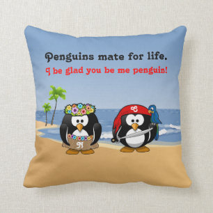 Tropical Penguins Couple Hula Pirate Island Beach Throw Pillow