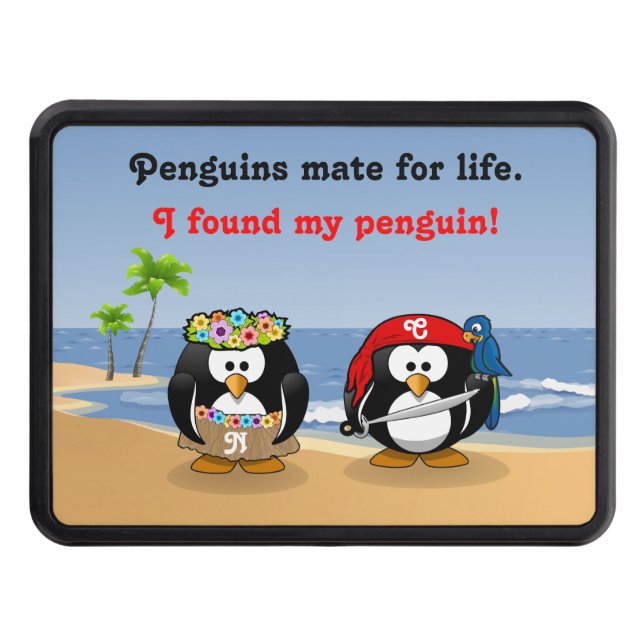 Tropical Penguins Couple Hula Pirate Island Beach Trailer Hitch Cover (Front)