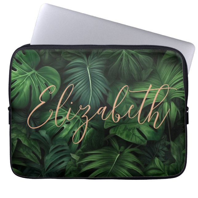 Tropical Personalized Monstera Gold Script Name Laptop Sleeve (Front)