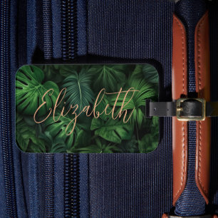Tropical Personalized Monstera Gold Script Name Luggage Tag