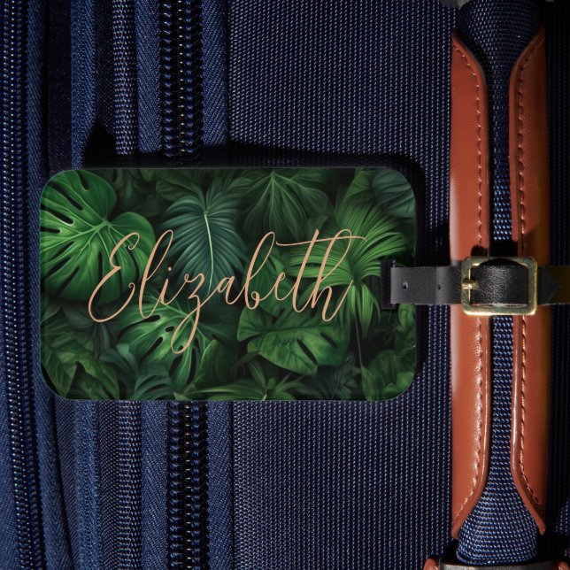 Tropical Personalized Monstera Gold Script Name Luggage Tag (Front Insitu 4)