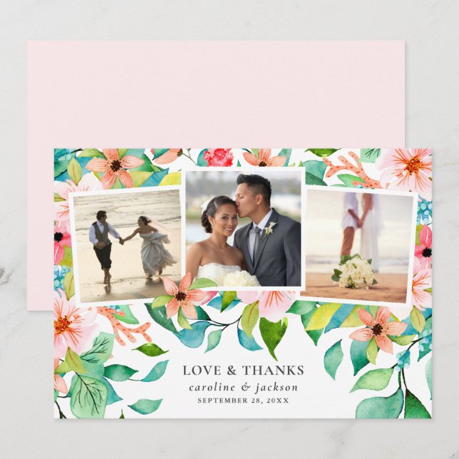 Tropical Photo Collage Wedding Thank You Card (Front/Back)