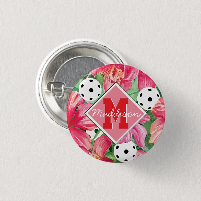 🌺🌴Tropical pickleball with hibiscus, with name 1 Inch Round Button (Front & Back)