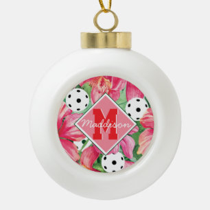 🌺🌴Tropical pickleball with hibiscus, with name  Ceramic Ball Christmas Ornament