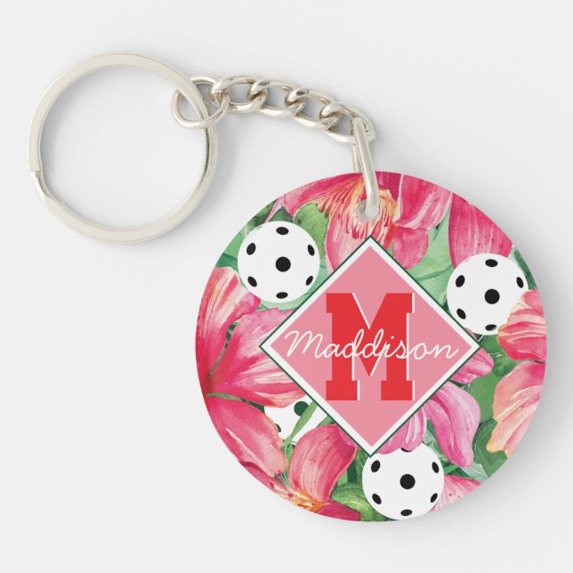 🌺🌴Tropical pickleball with hibiscus, with name Keychain (Front)