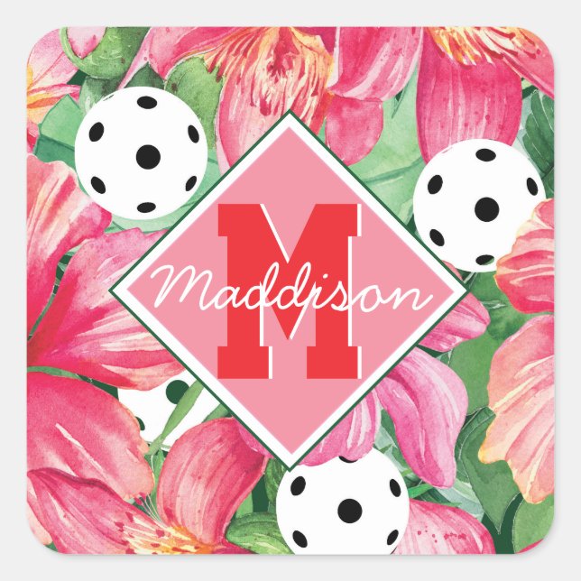 🌺🌴Tropical pickleball with hibiscus, with name Square Sticker (Front)