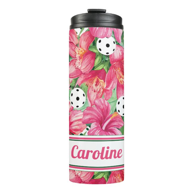 🌺🌴Tropical pickleball with hibiscus with name Thermal Tumbler (Front)