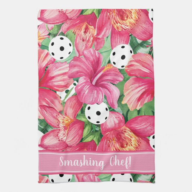🌺🌴Tropical pickleball with hibiscus, with text  Kitchen Towel (Vertical)