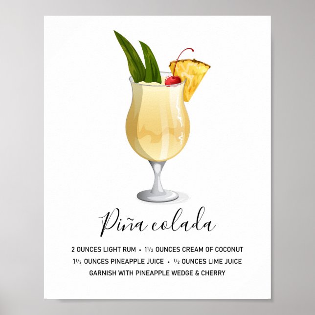 Tropical Piña Colada Cocktail Recipe Art Poster (Front)