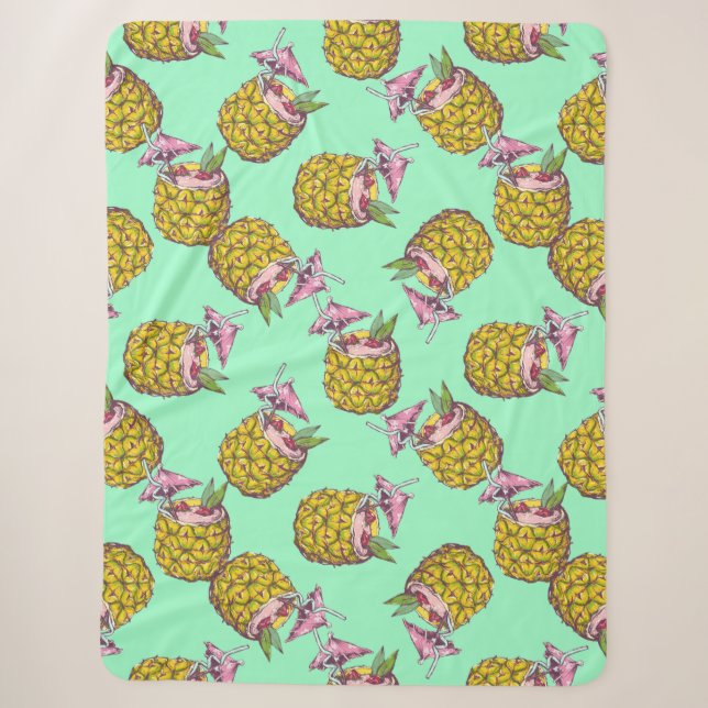 Tropical Piña Colada Pattern –Refreshing Summer Sherpa Blanket (Front)