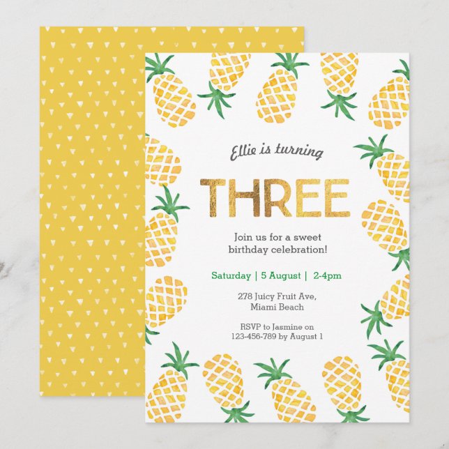 Tropical pineapple 3rd Birthday Invitation (Front/Back)