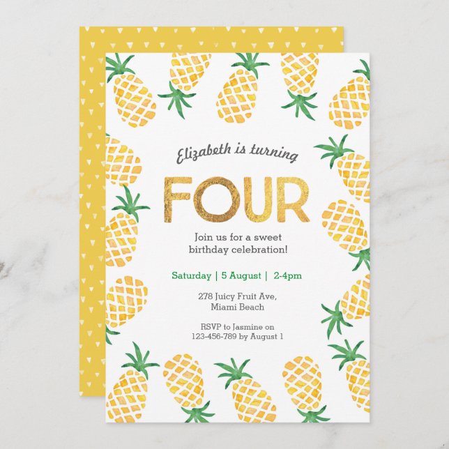 Tropical pineapple 4th Birthday Invitation (Front/Back)